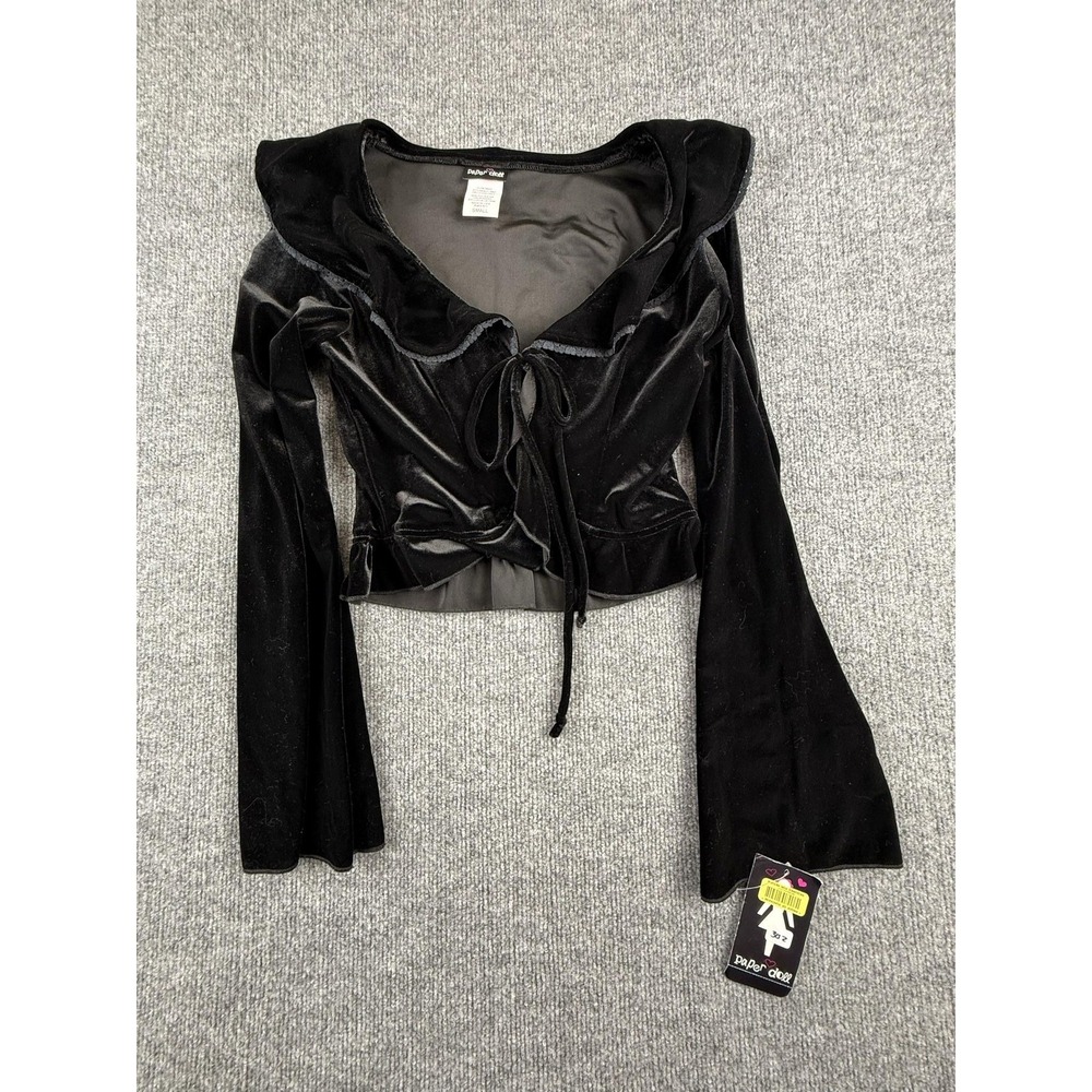 Paper Doll Blouse Women's S Black V Neck Long Bell Sleeve Velvet Cropped Stretch